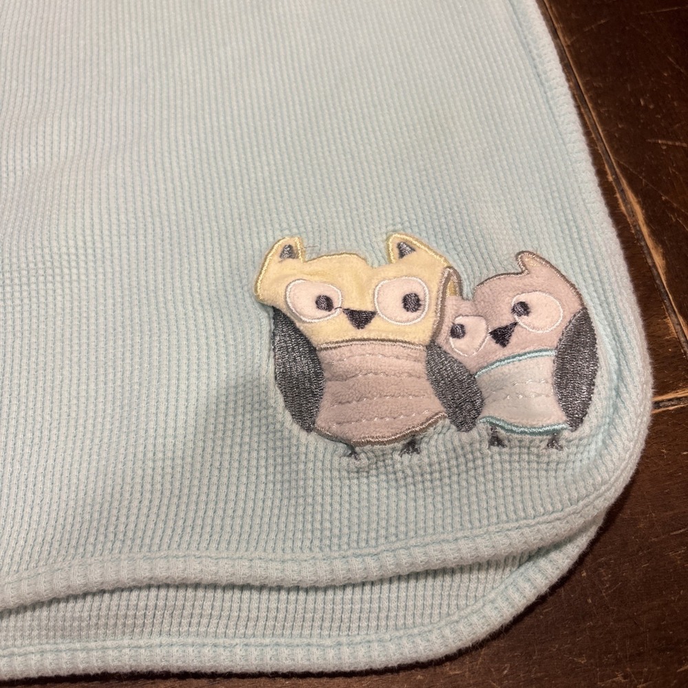 Just Born Baby Blanket Light Teal Blue Owl Receiving Thermal‎ Cotton Security